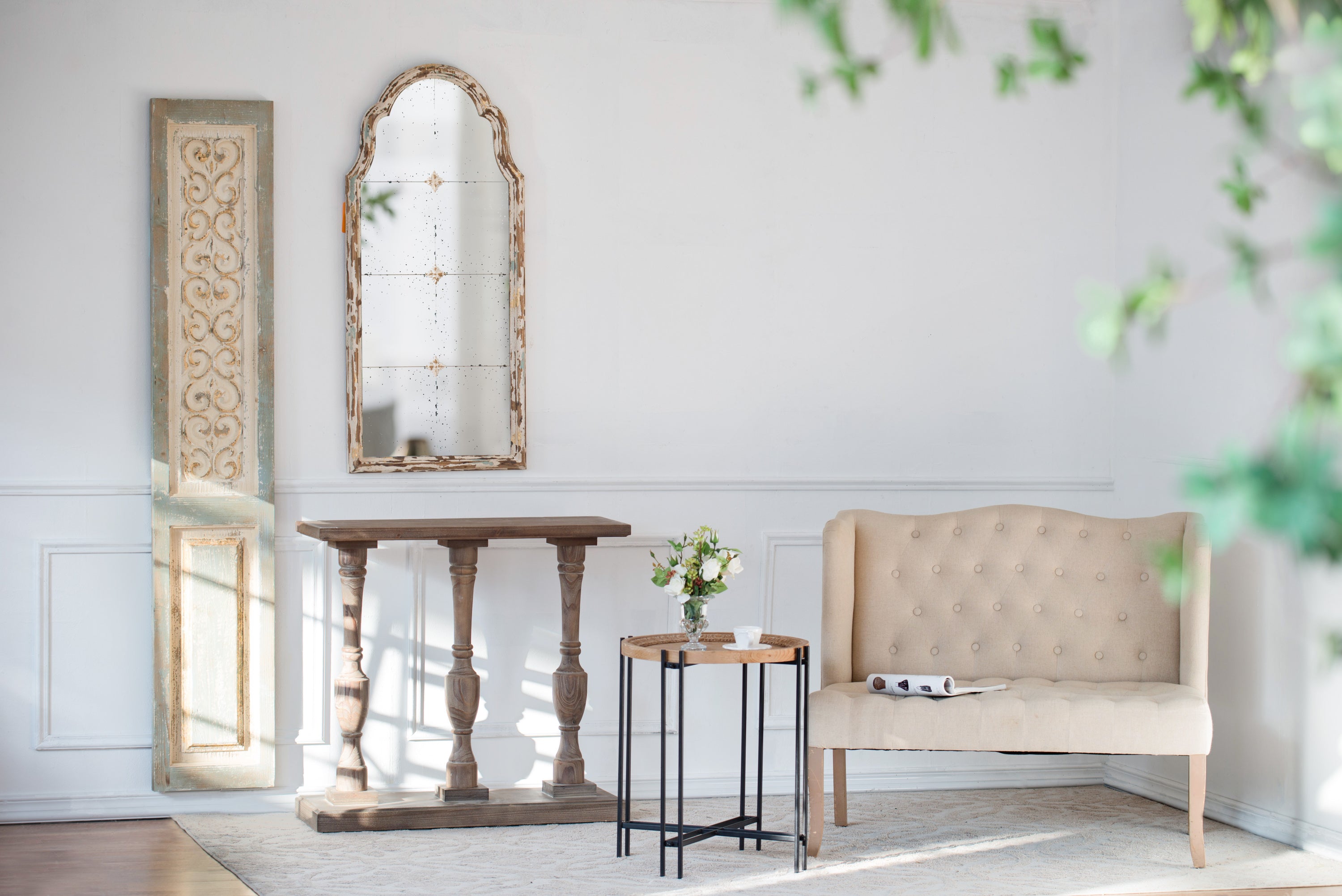 Large Cream & Gold Framed Wall Mirror, Wood Arched, 22" x 48"