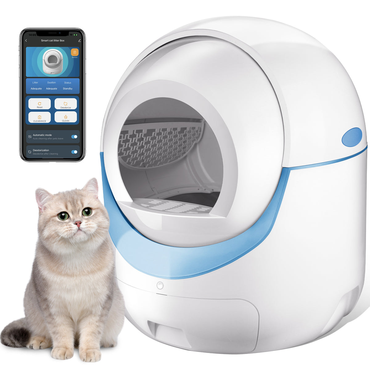 Self Cleaning Cat Litter Box, Automatic Cat Litter Box for Cat - White+Blue