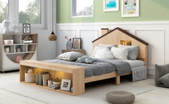 Full Size House Platform Bed with LED Lights and Storage - Wood Color