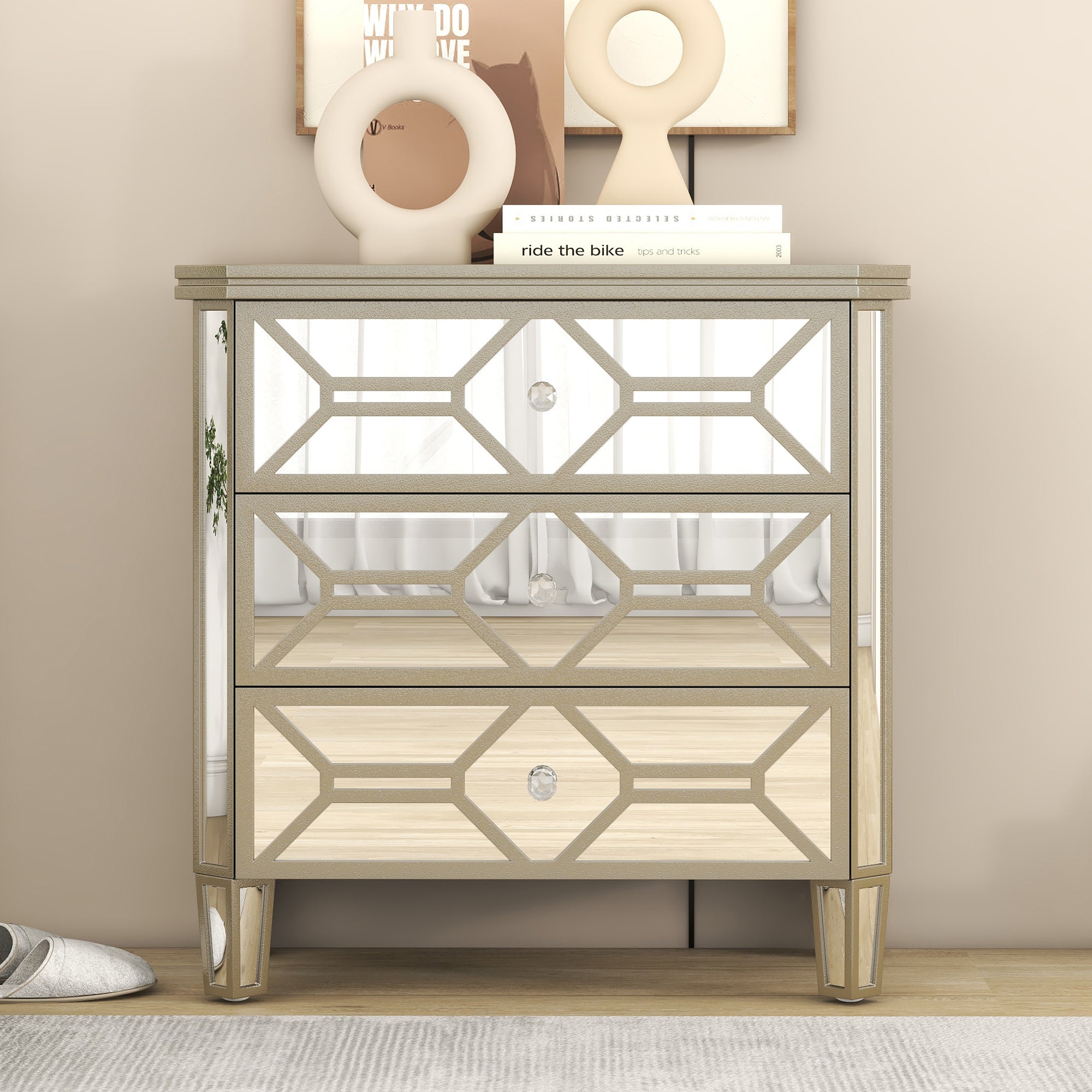 Elegant Mirrored 3-Drawer Chest with Golden Lines Storage Cabinet