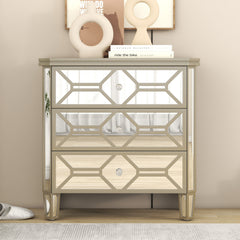 Elegant Mirrored 3-Drawer Chest with Golden Lines Storage Cabinet