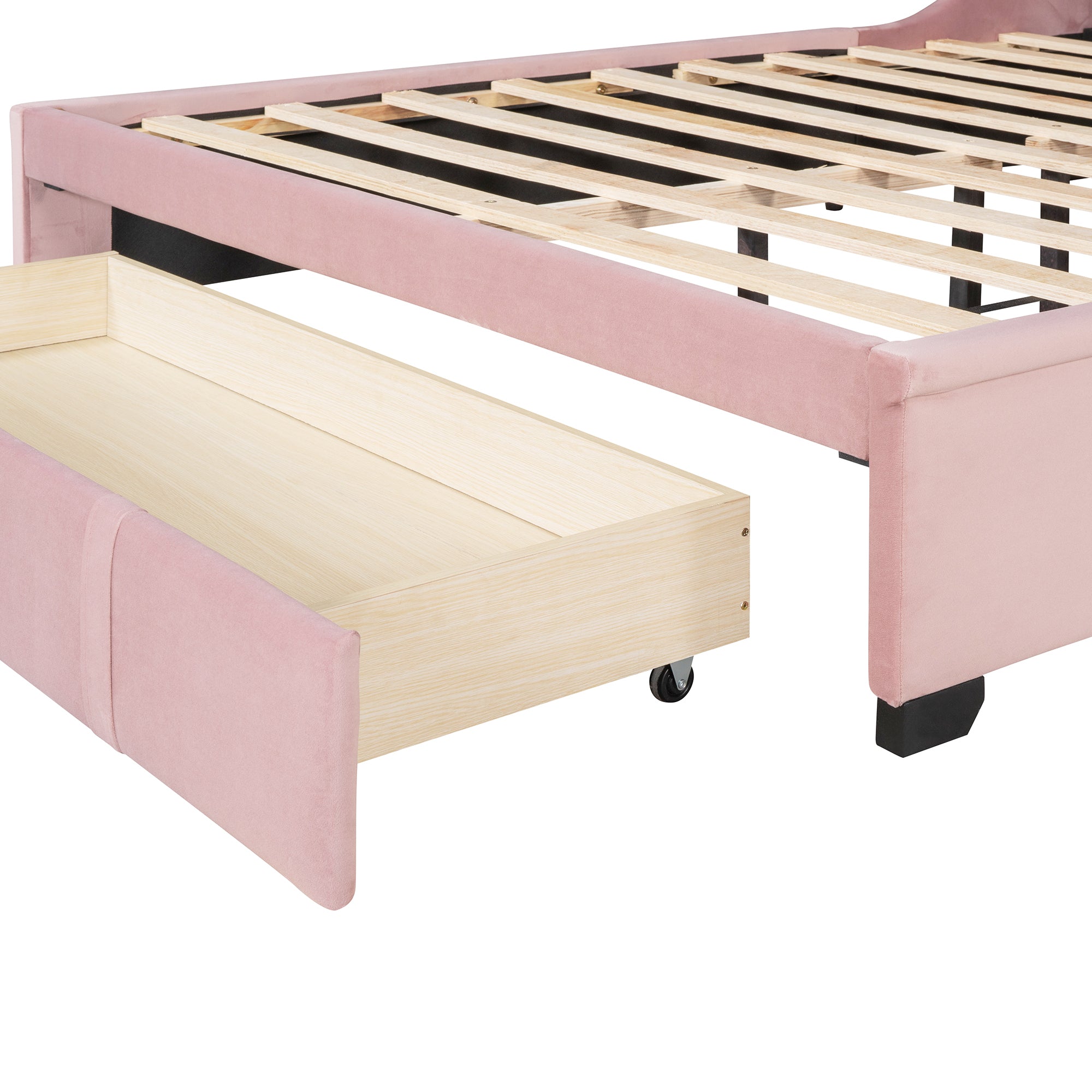 Queen Size Storage Bed Velvet Upholstered Platform Bed with Wingback Headboard and a Big Drawer - Pink