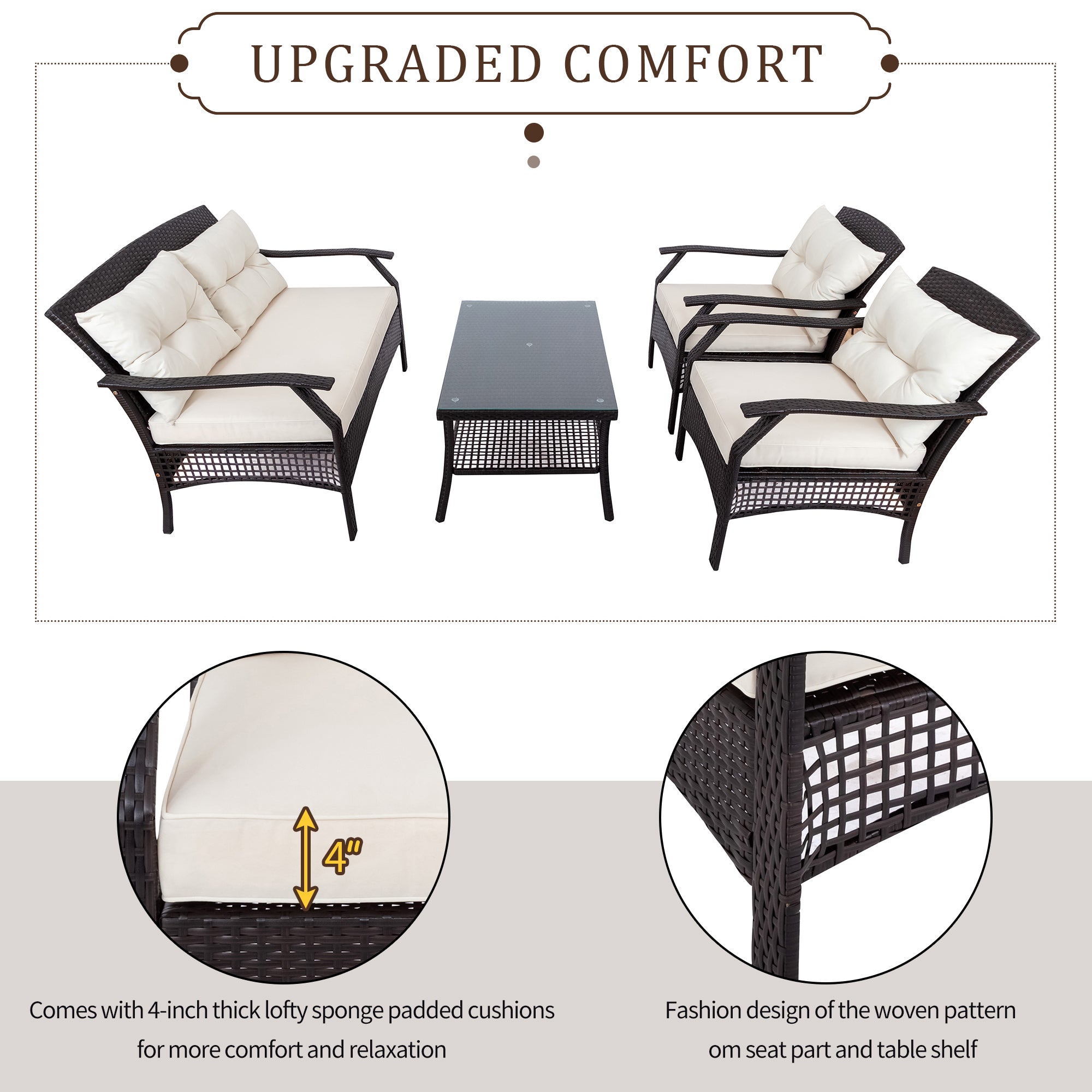 MAICOSY 4pc Outdoor Rattan Sofa Patio Furniture Wicker Chair Table Cushions