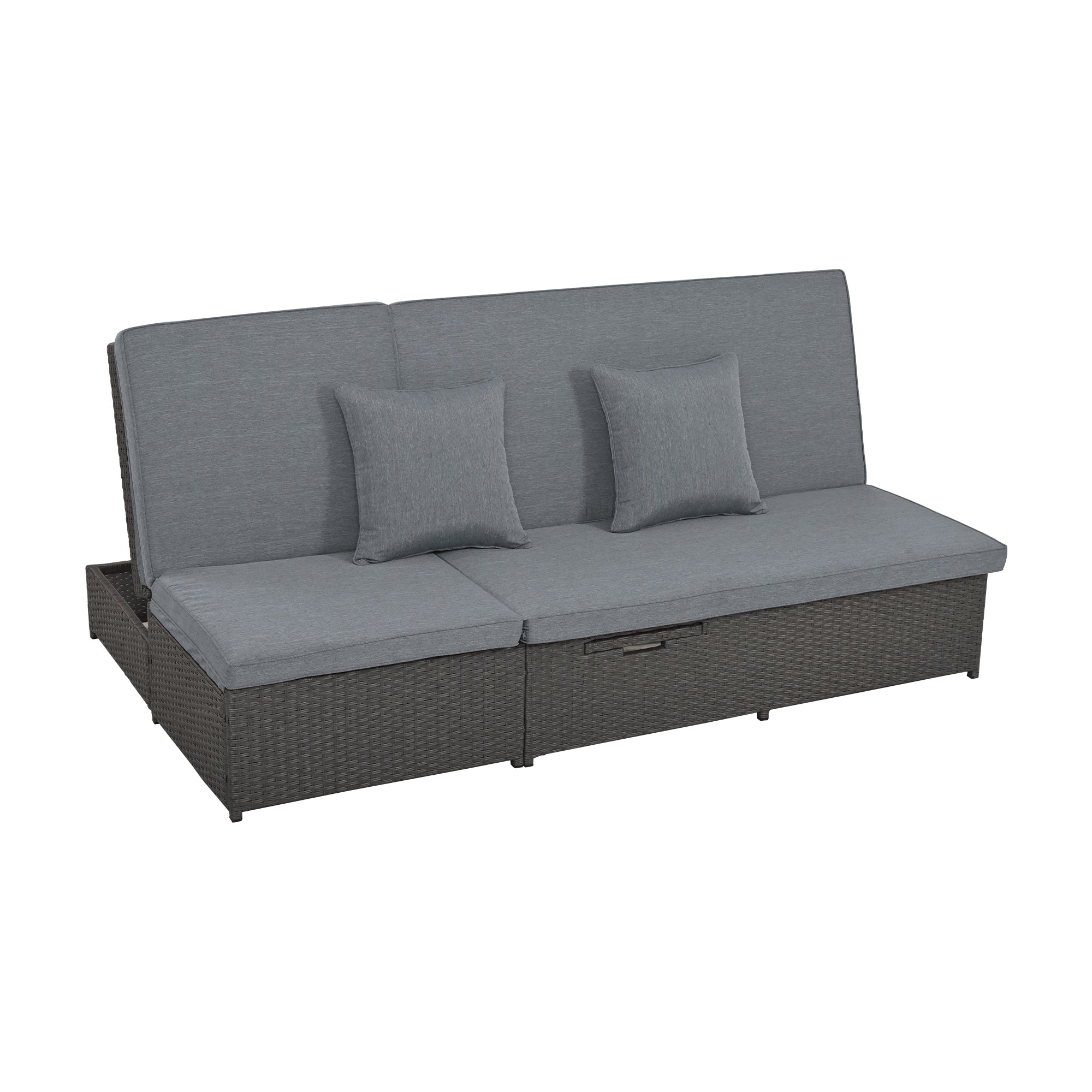 Outdoor Double Sun bed, Wicker Rattan Patio Reclining Chairs with Adjustable Backrest and Seat, Conversational Set for 2 Person - Gray