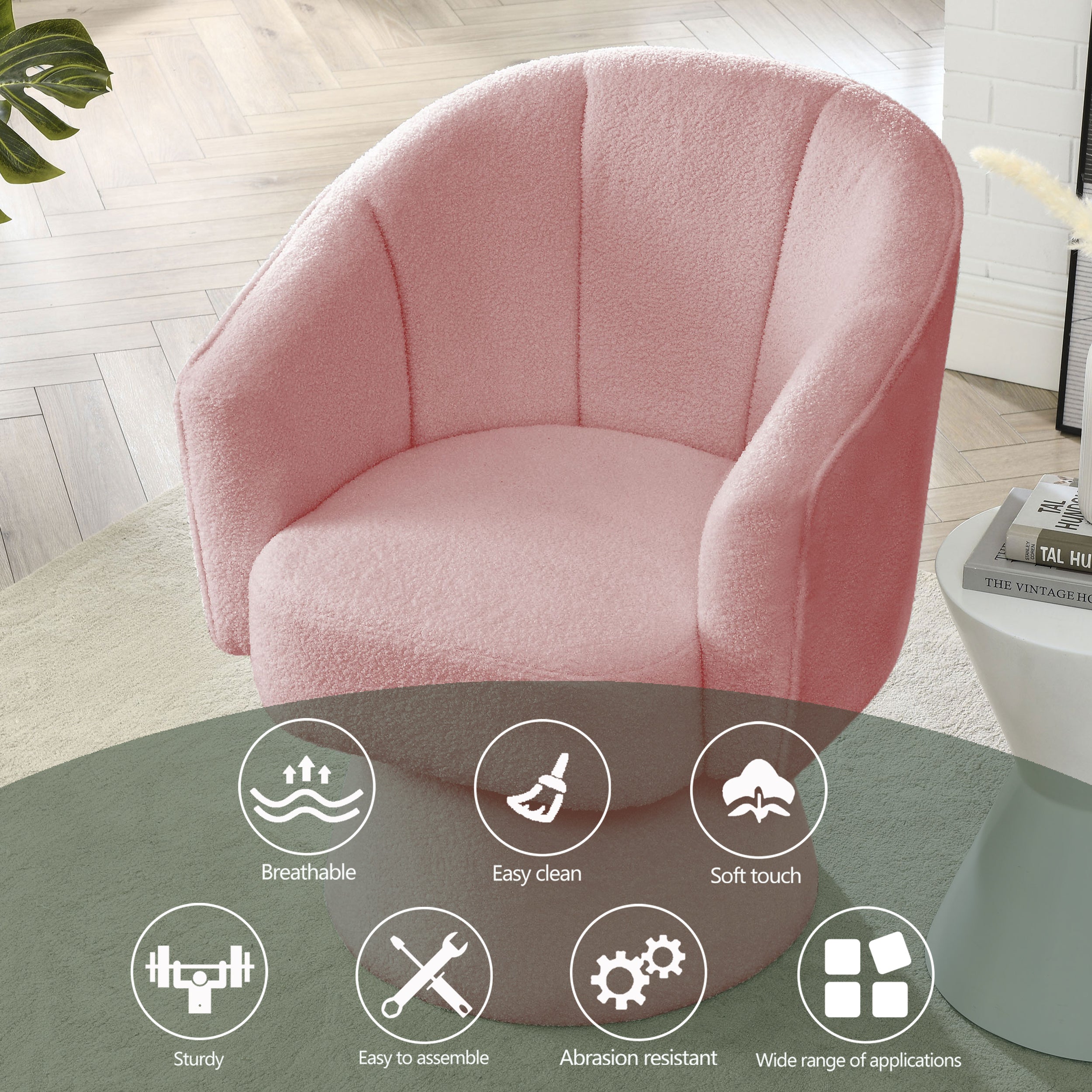 29 "W Petal Modern Contemporary Accent Lounge Swivel Chair with Deep Channel Tufting and Base - Pink Teddy