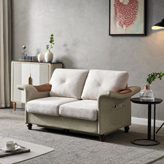 Linen Fabric Faux Leather with Wood Leg Loveseat Sofa - Beige