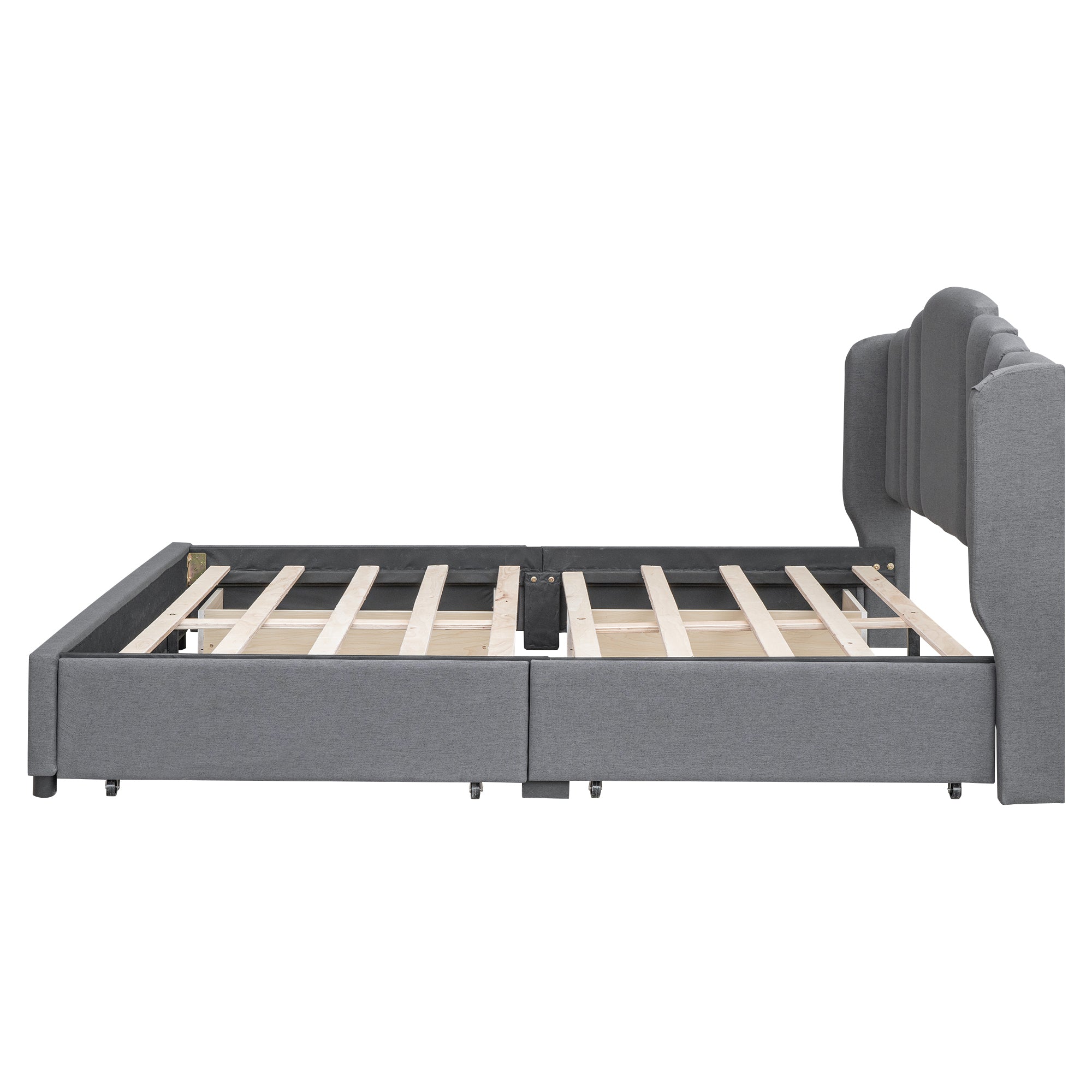 Queen Bed Upholstered Platform with Wingback Headboard and 4 Drawers - Grey