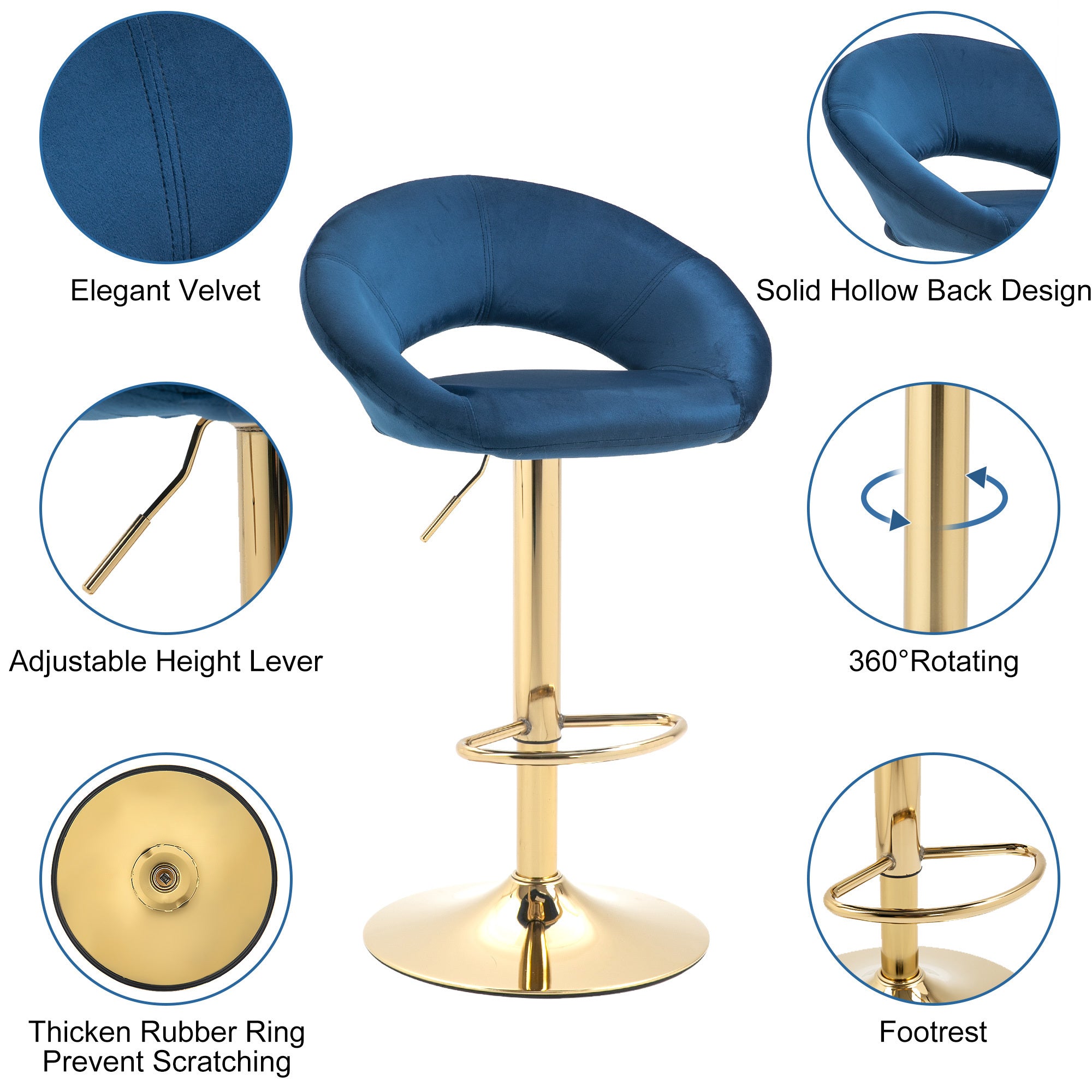 Modern Swivel Bar Stools Adjustable (Set of 2) - Blue Velvet