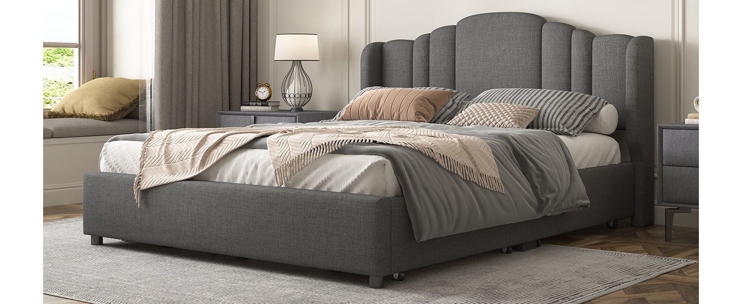 Queen Bed Upholstered Platform with Wingback Headboard and 4 Drawers - Grey