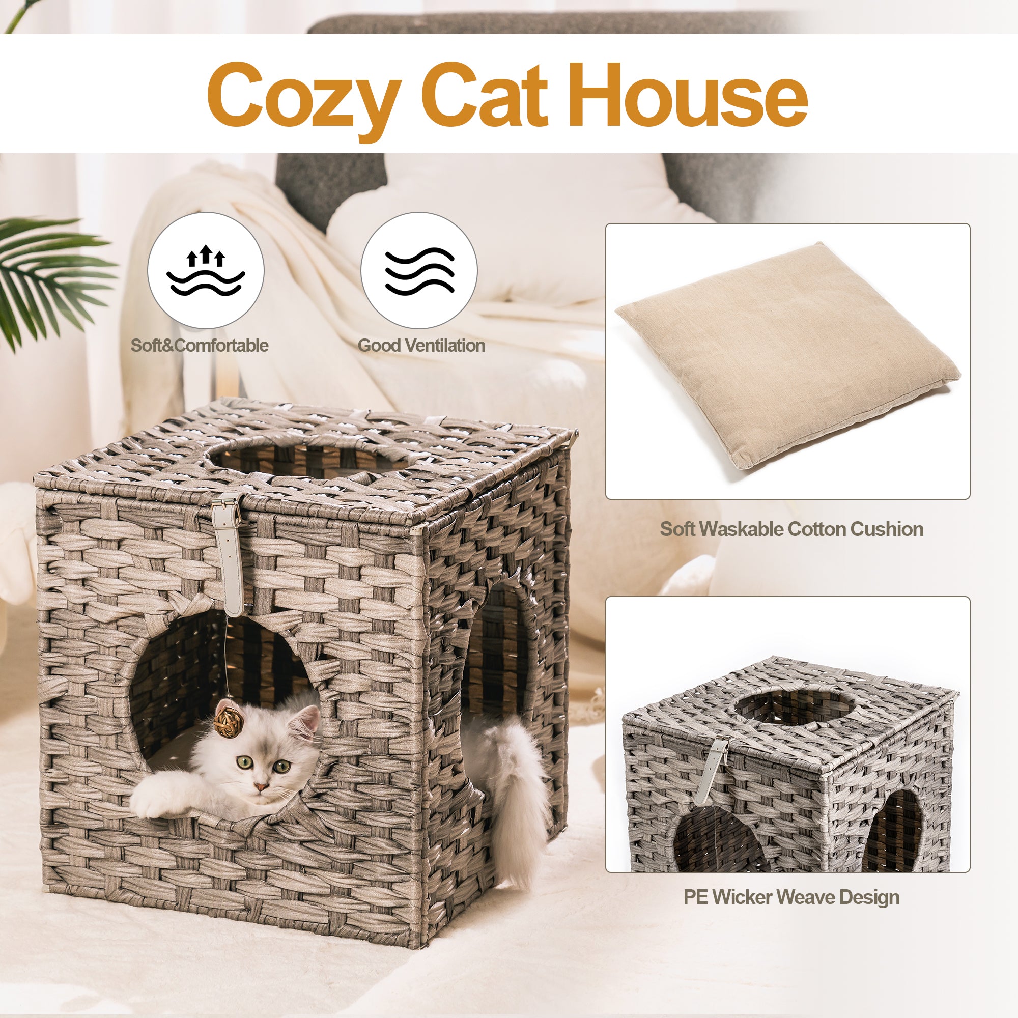 Rattan Cat Litter Cat Bed with Rattan Ball and Cushion - Grey