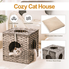 Rattan Cat Litter Cat Bed with Rattan Ball and Cushion - Grey