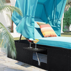76.8" Long Reclining Single Chaise Lounge with Cushions, Canopy and Cup Table (Set of 2) - Black Wicker + Blue Cushion