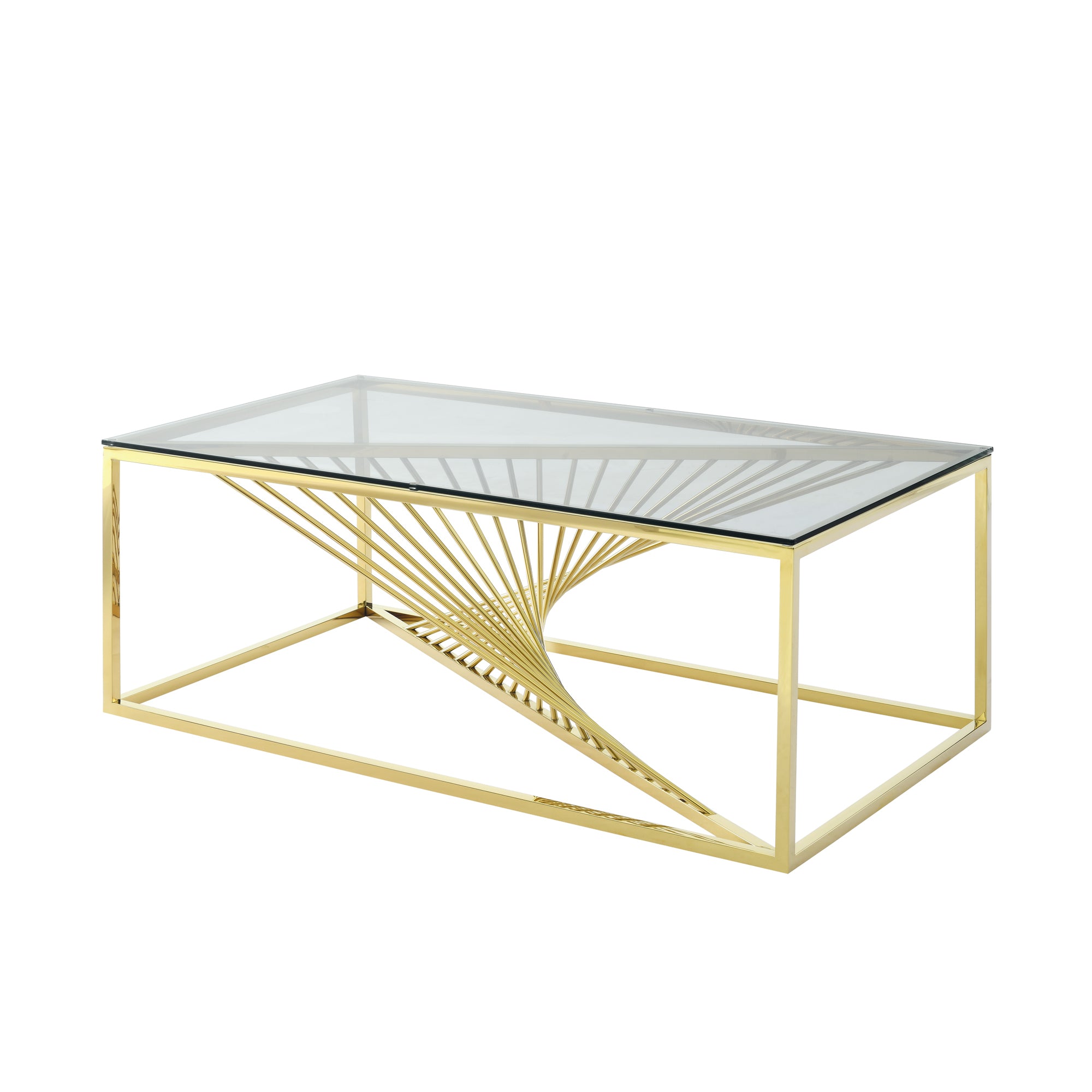 Modern Rectangular Coffee Accent Table with Clear Tempered Glass Top and Stainless Steel Frame - Gold
