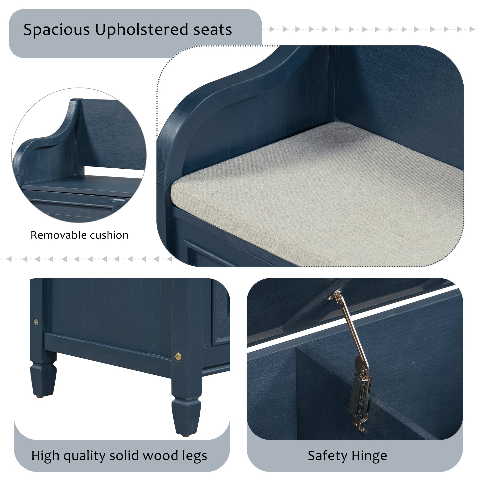 Rustic Style Solid Wood Entryway Storage Bench with Safety Hinge - Antique Navy + Beige