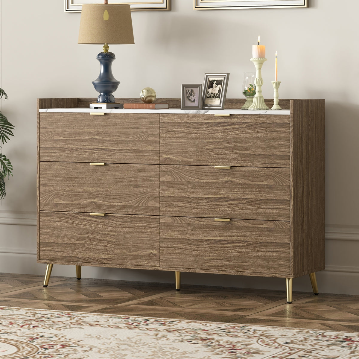 55" Long 6 Drawer Dresser with Marbling Worktop, Mordern Storage Cabinet with Metal Leg and Handle - Walnut