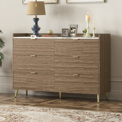 55" Long 6 Drawer Dresser with Marbling Worktop, Mordern Storage Cabinet with Metal Leg and Handle - Walnut