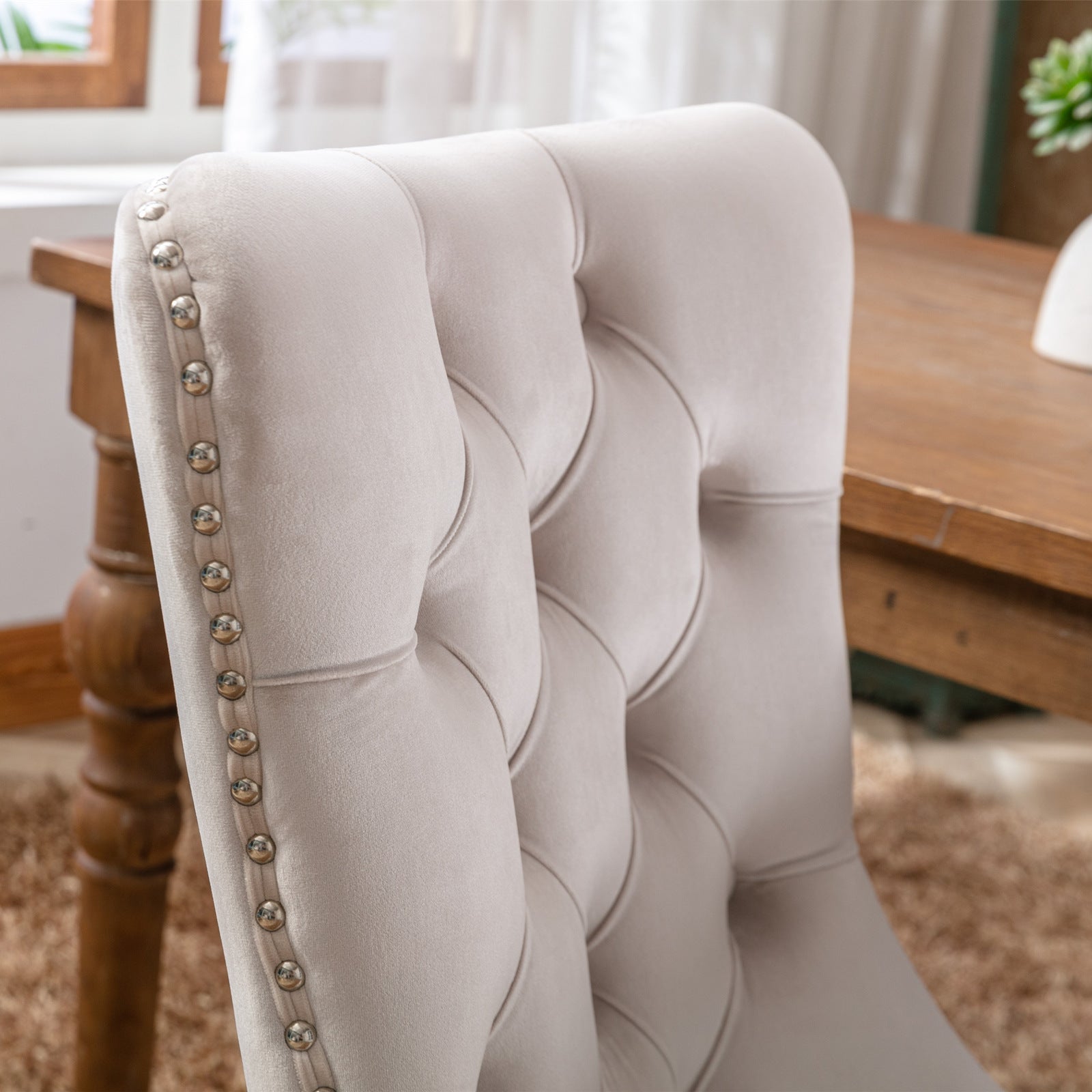 Modern High-end Tufted Velvet Upholstered Dining Chair with Wood Legs Nailhead Trim (Set of 2) -Beige