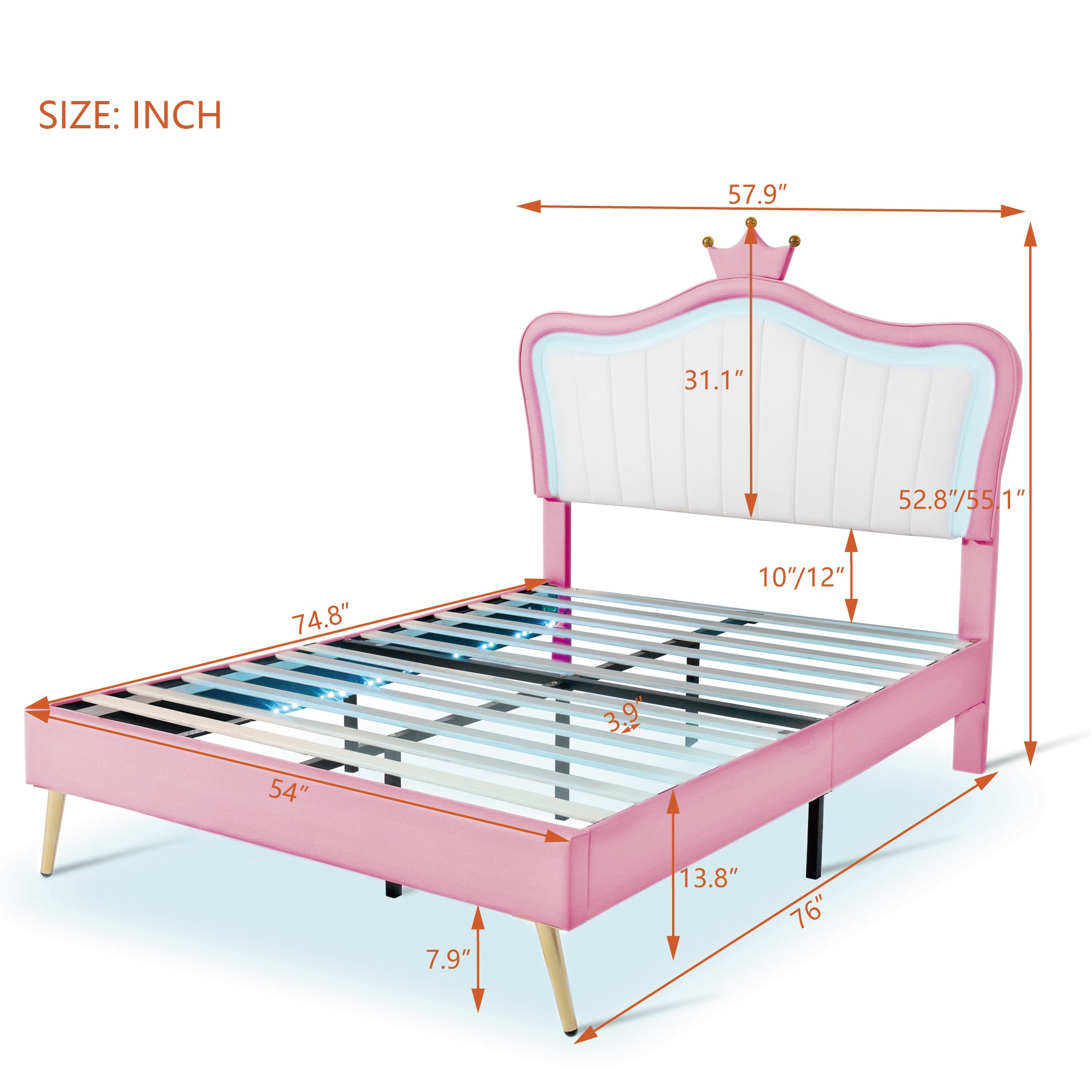 Full Size Princess Bed With Crown Headboard with LED Lights - White+Pink