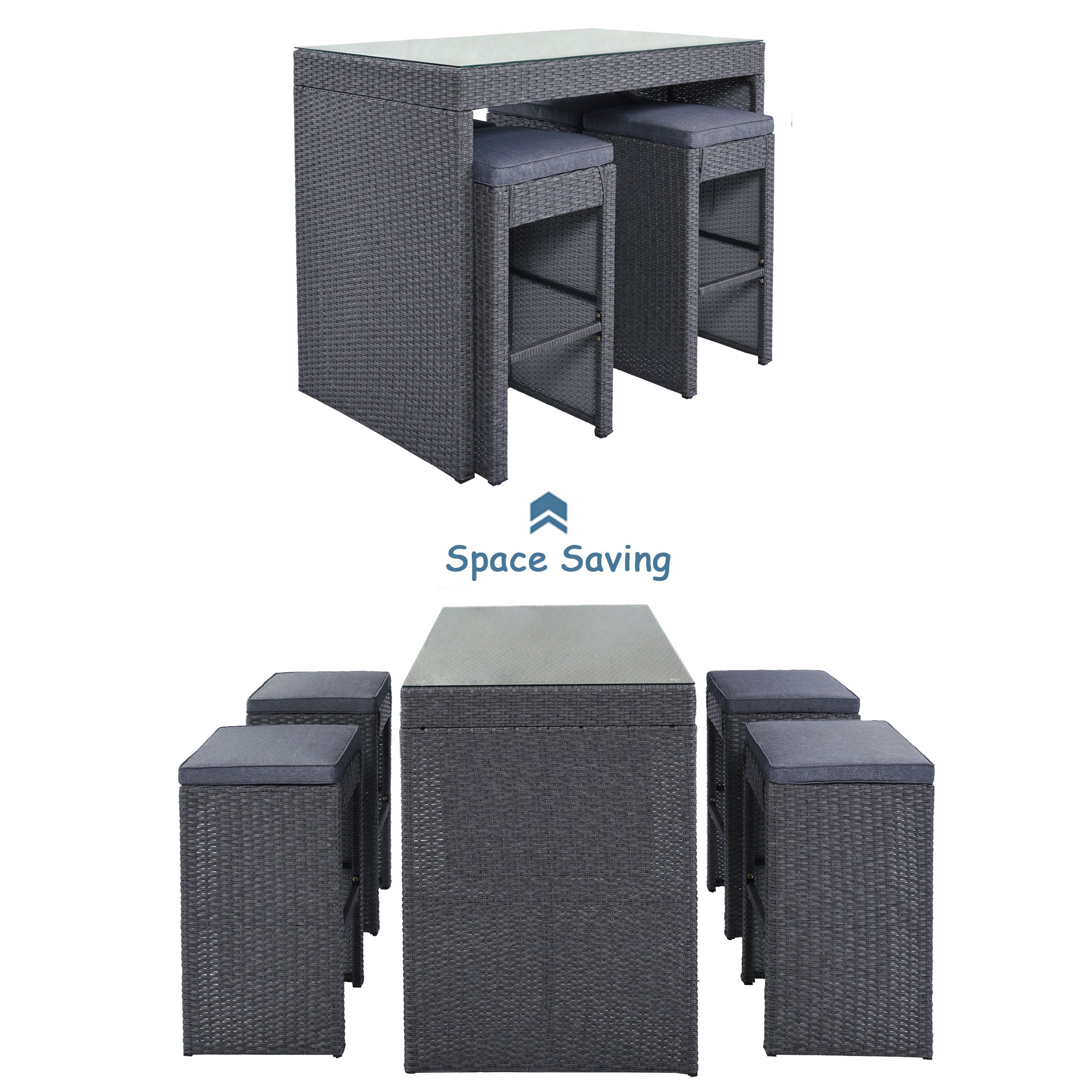 5-piece Rattan Outdoor Patio Furniture Set Bar Dining Table Set with 4 Stools - Gray Cushion + Gray Wicker