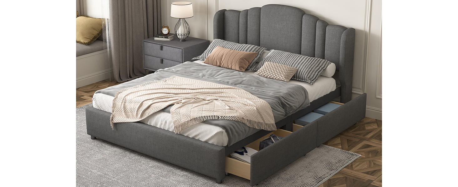 Queen Bed Upholstered Platform with Wingback Headboard and 4 Drawers - Grey