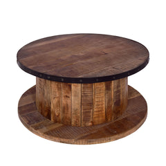 Mango Wood Farmhouse Coffee Table with Rustic Plank Style Round Top and Base - Walnut and Natural Brown
