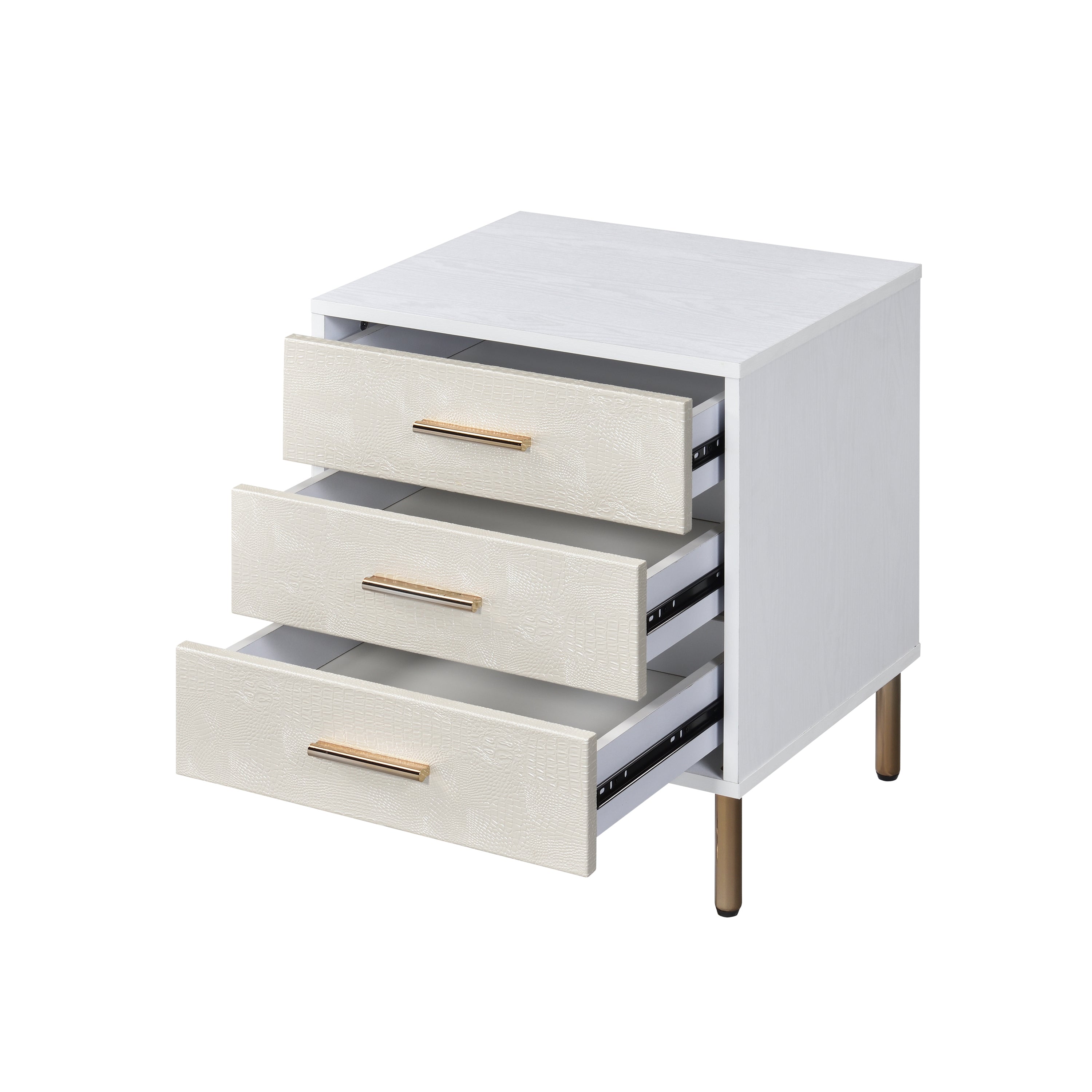 Nightstand, White, Champagne & Gold Finish