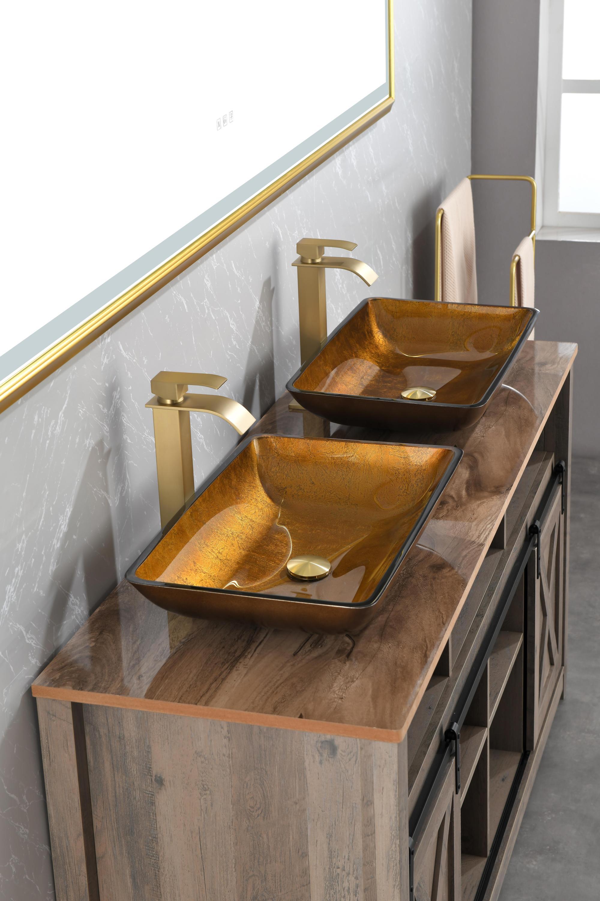 22.25" L -14.25" W -4 1/2" H Glass Rectangular Vessel Bathroom Sink Set with Gold Faucet and Gold Pop Up Drain
