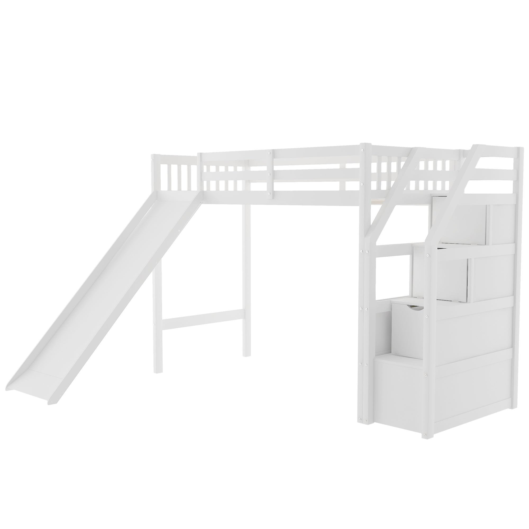 Twin Size Loft Bed with Storage and Slide, White
