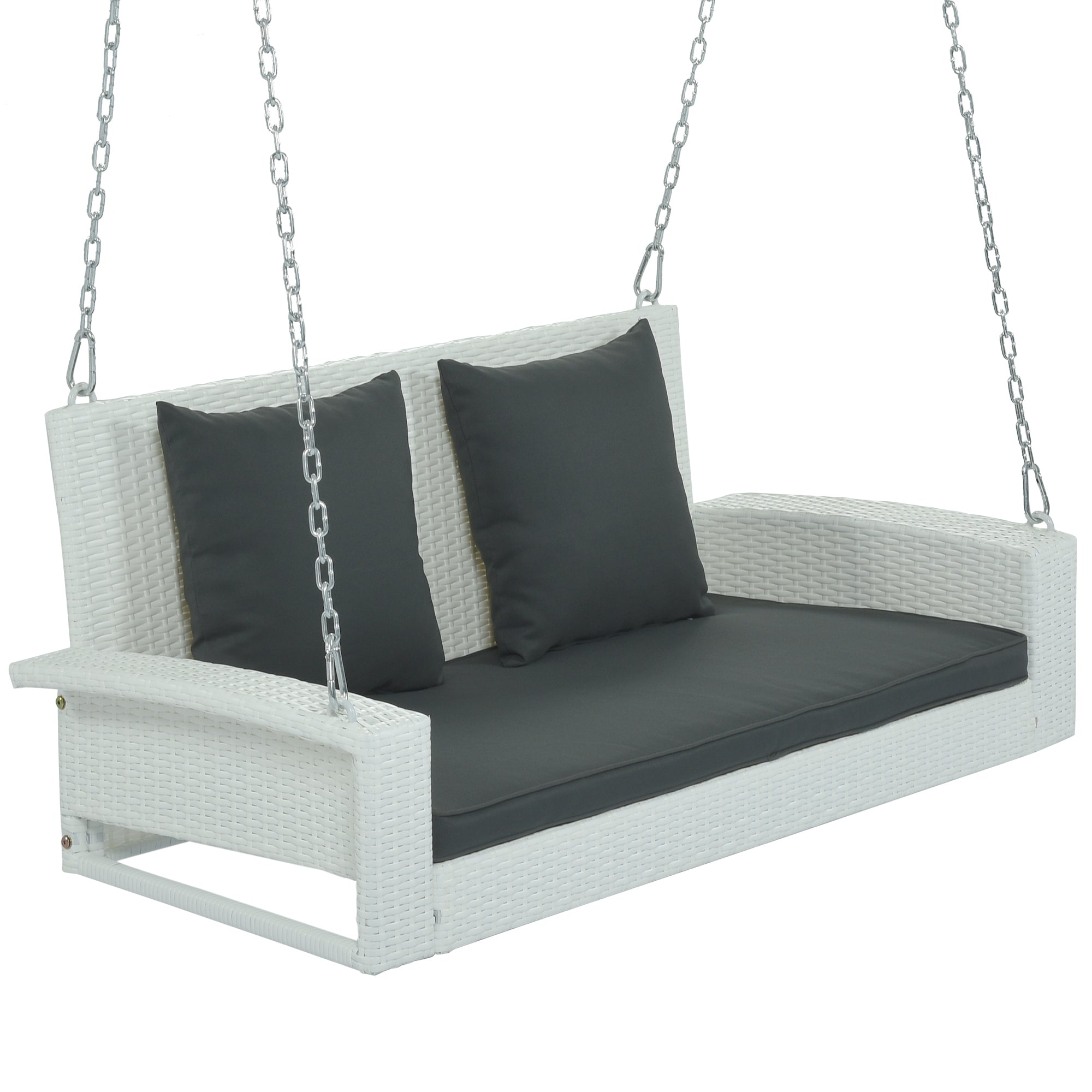 2-Person Wicker Hanging Porch Swing with Chains, Cushion, Pillow, Rattan Swing Bench for Garden, Backyard, Pond. (White Wicker, Gray Cushion)