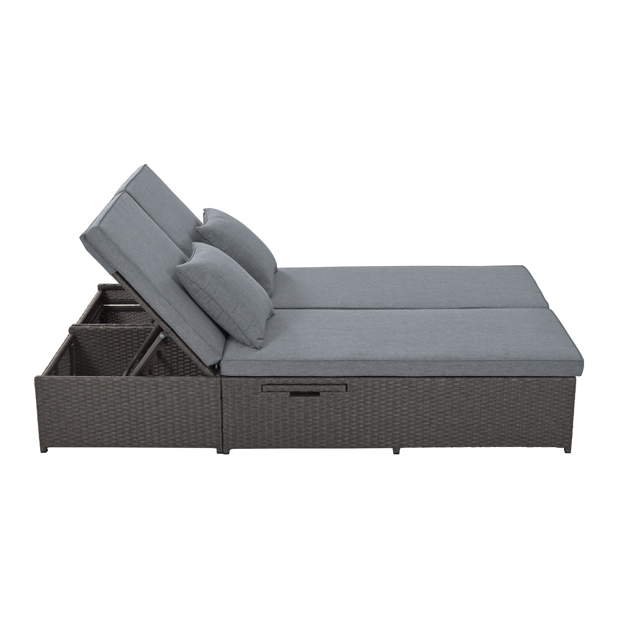 Outdoor Double Sun bed, Wicker Rattan Patio Reclining Chairs with Adjustable Backrest and Seat, Conversational Set for 2 Person - Gray