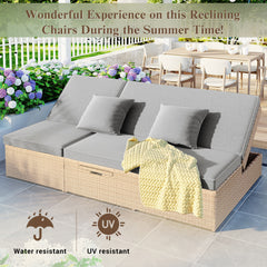 Outdoor Double Sun bed, Wicker Rattan Patio Reclining Chairs with Adjustable Backrest and Seat - Brown