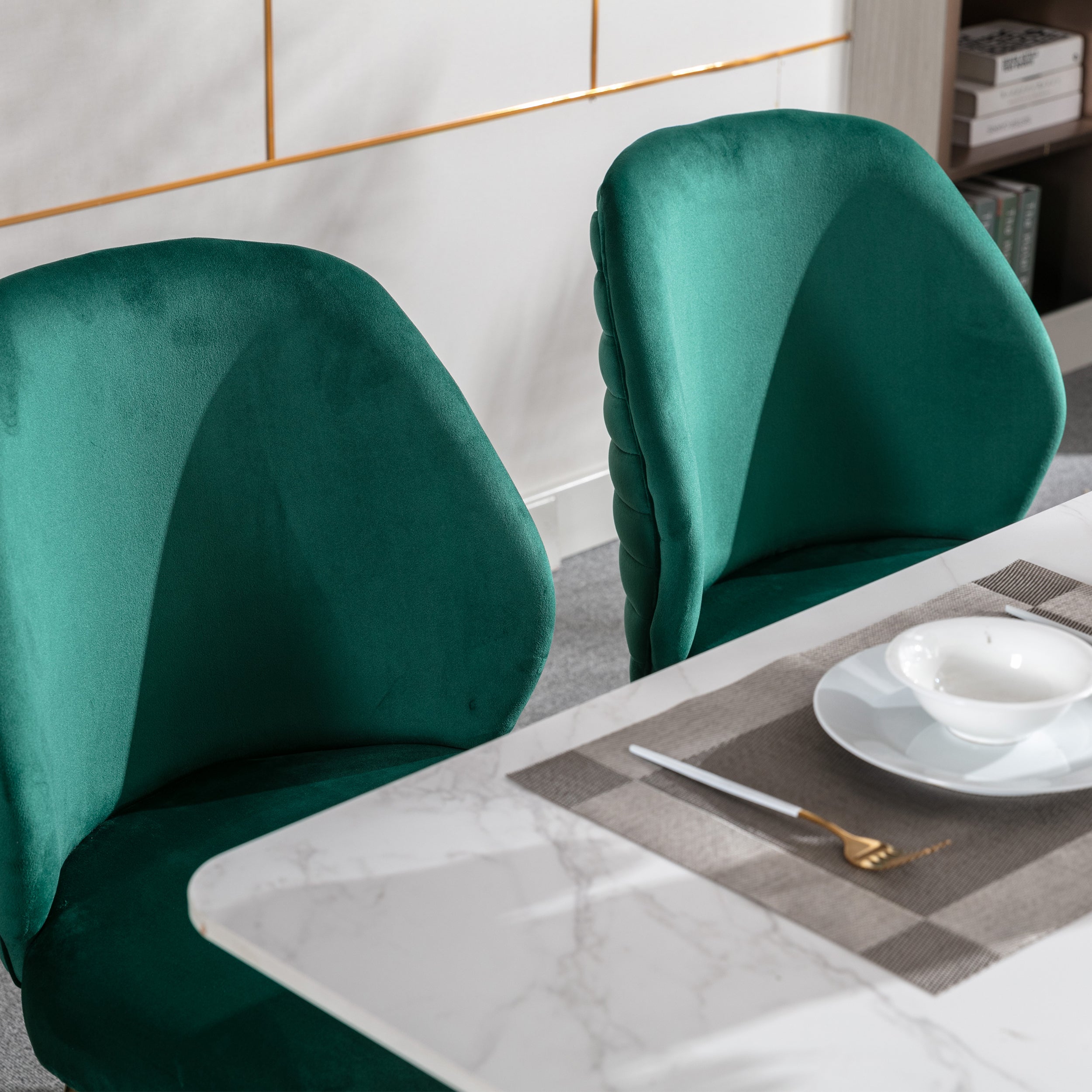 Modern Woven Velvet Upholstered Dining Chairs with Barrel Backrest and Gold Metal Legs (Set of 2) - Green