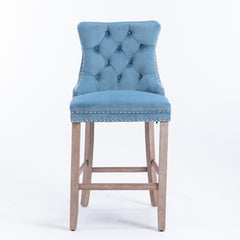 Contemporary Velvet Upholstered Barstools with Button Tufted Decoration and Wooden Legs, and Chrome Nailhead Trim, Bar stools (Set of 2) - Light Blue
