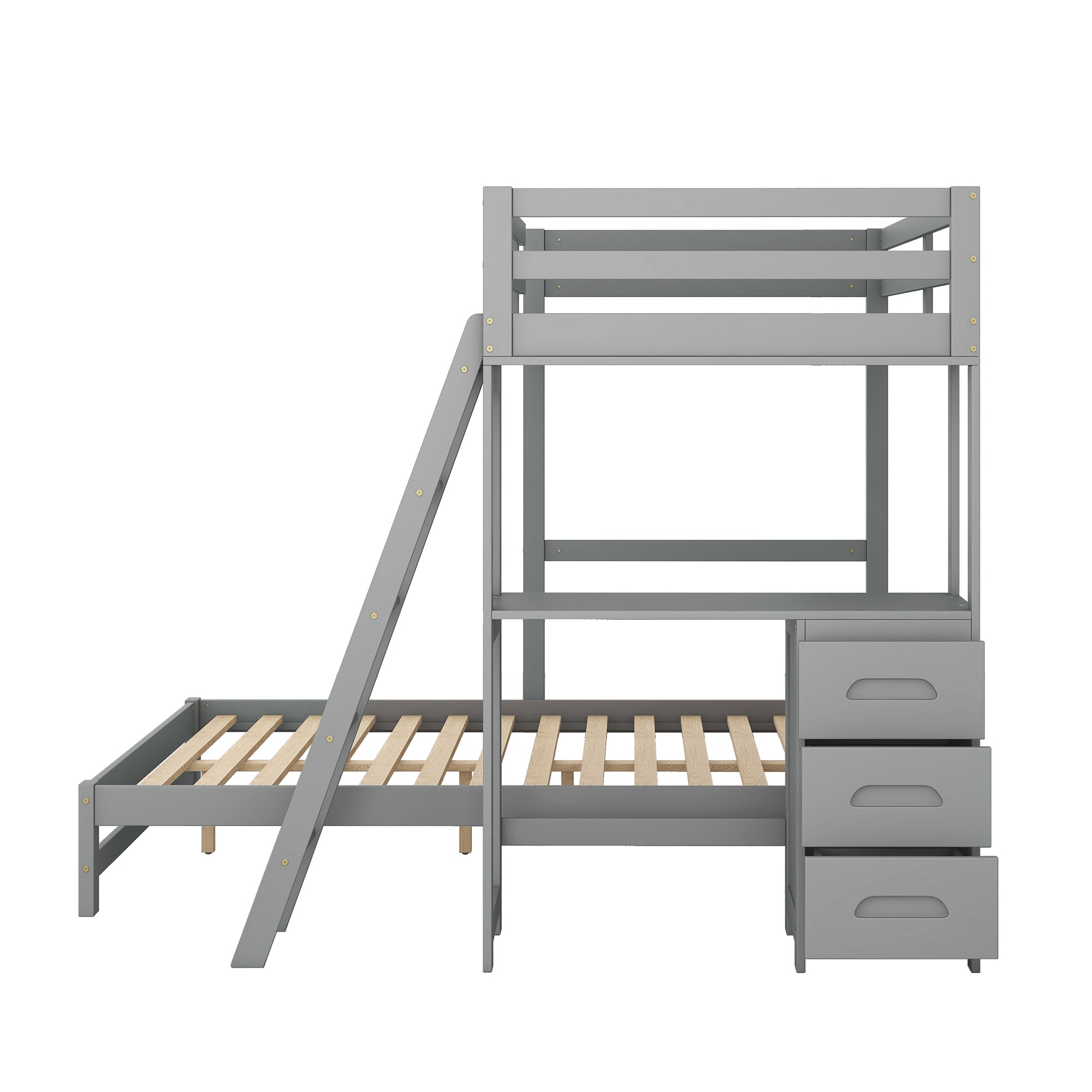 Twin over Full Bunk Bed with Built-in Desk and Three Drawers - Grey