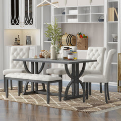 6-Piece Retro Rectangular Dining Table Set, Table with Unique Legs and 4 Upholstered Chairs & 1 Bench - Grey Wash