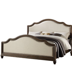 French Style Queen Bed - Beige Linen & Weathered Oak