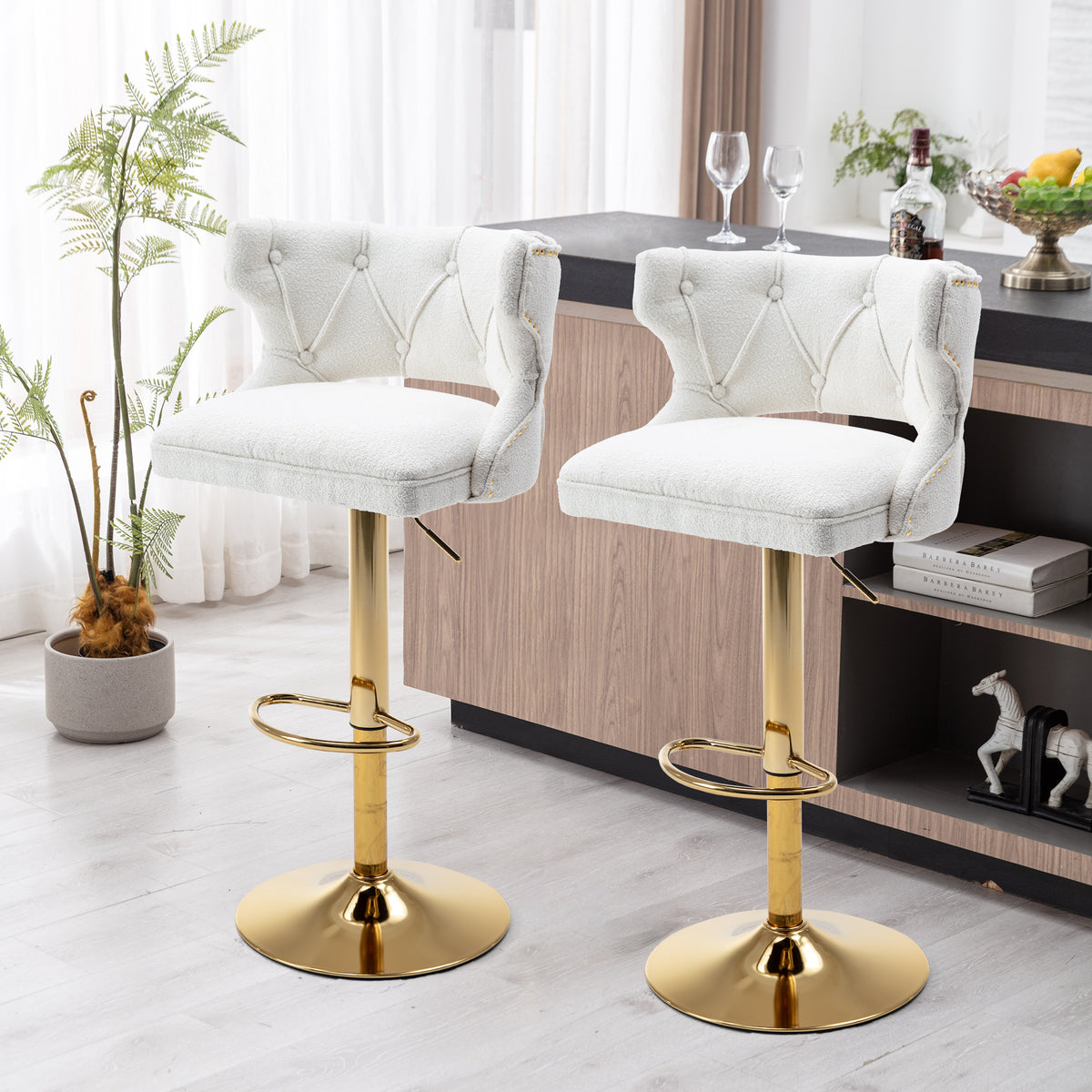 Bar Stools With Back and Footrest Counter Height Dining Chairs (Set of 2) - Boucle Cream