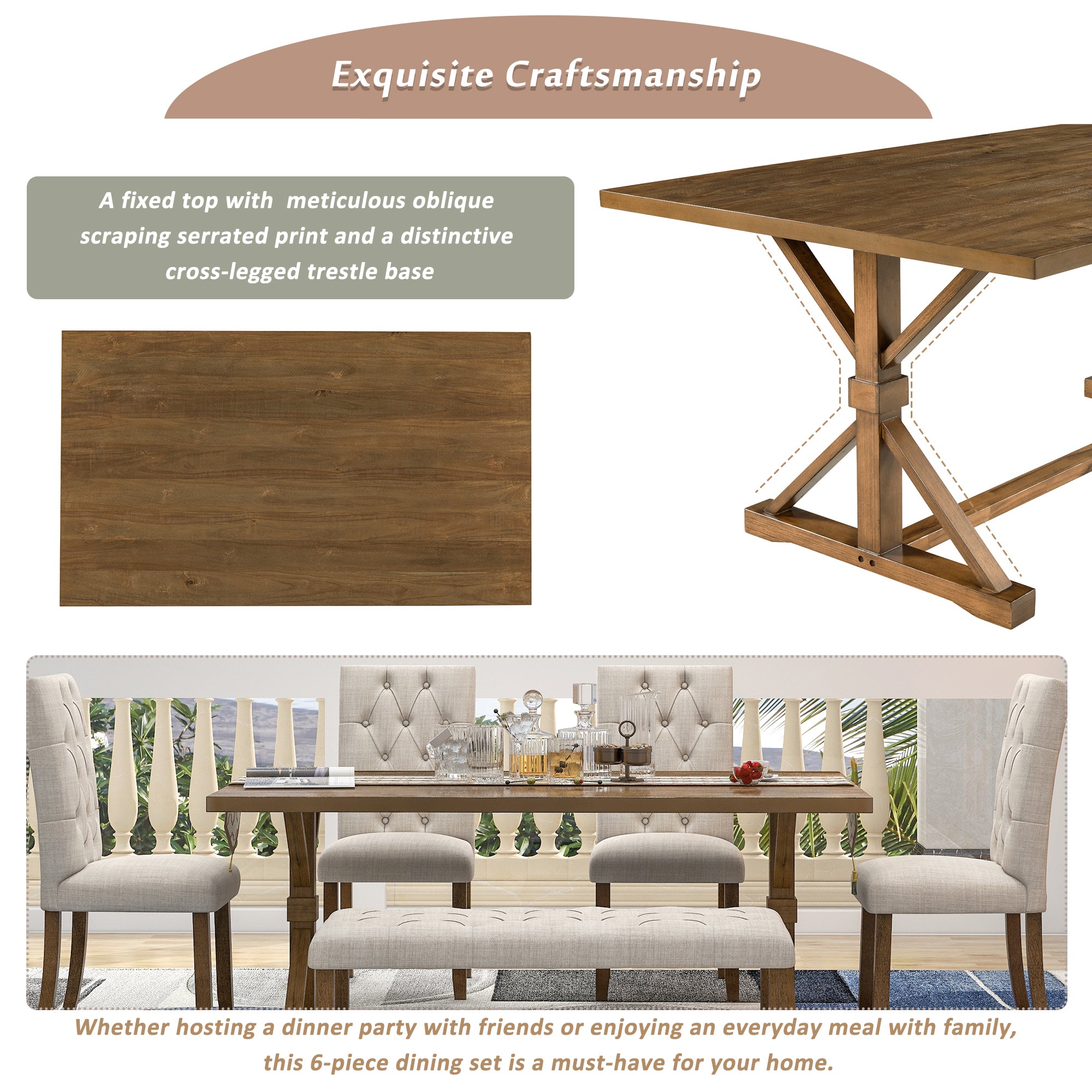 6-Piece Farmhouse Dining Table Set 72" Wood Rectangular Table, 4 Upholstered Chairs with Bench - Walnut