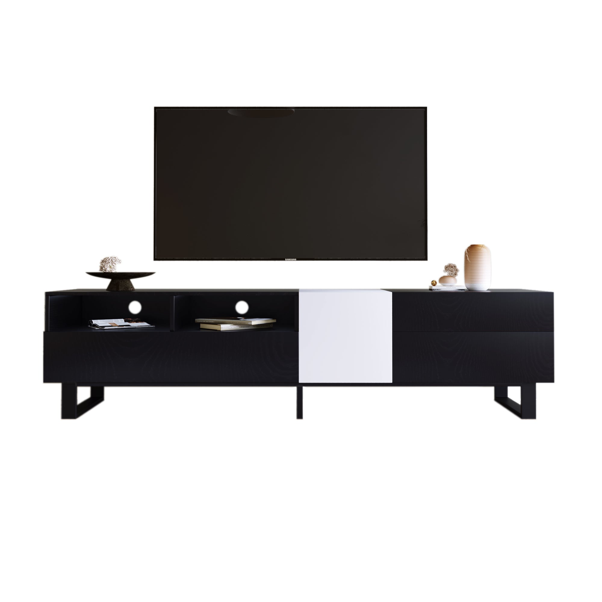 Modern TV Stand for 80'' TV with Double Storage Space, Media Console Table - Black