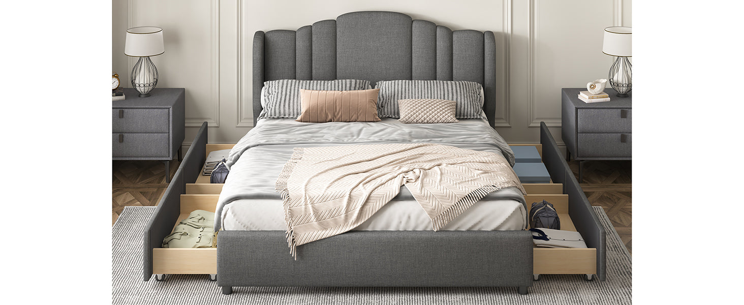 Queen Bed Upholstered Platform with Wingback Headboard and 4 Drawers - Grey