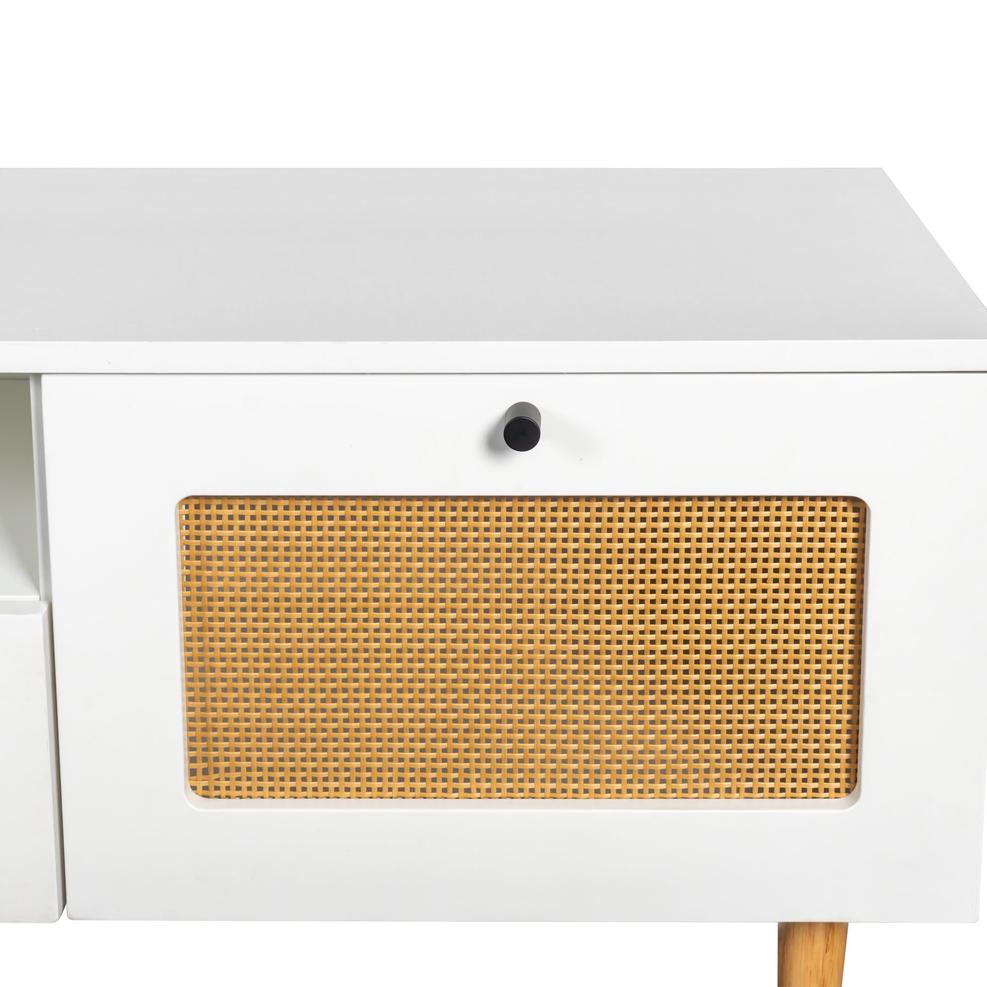 Farmhouse Rattan TV Stand Modern Wood with 2 Doors and 2 Open Shelves - White