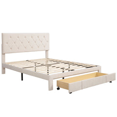 Queen Size Storage Bed Velvet Upholstered Platformwith a Big Drawer - Beige