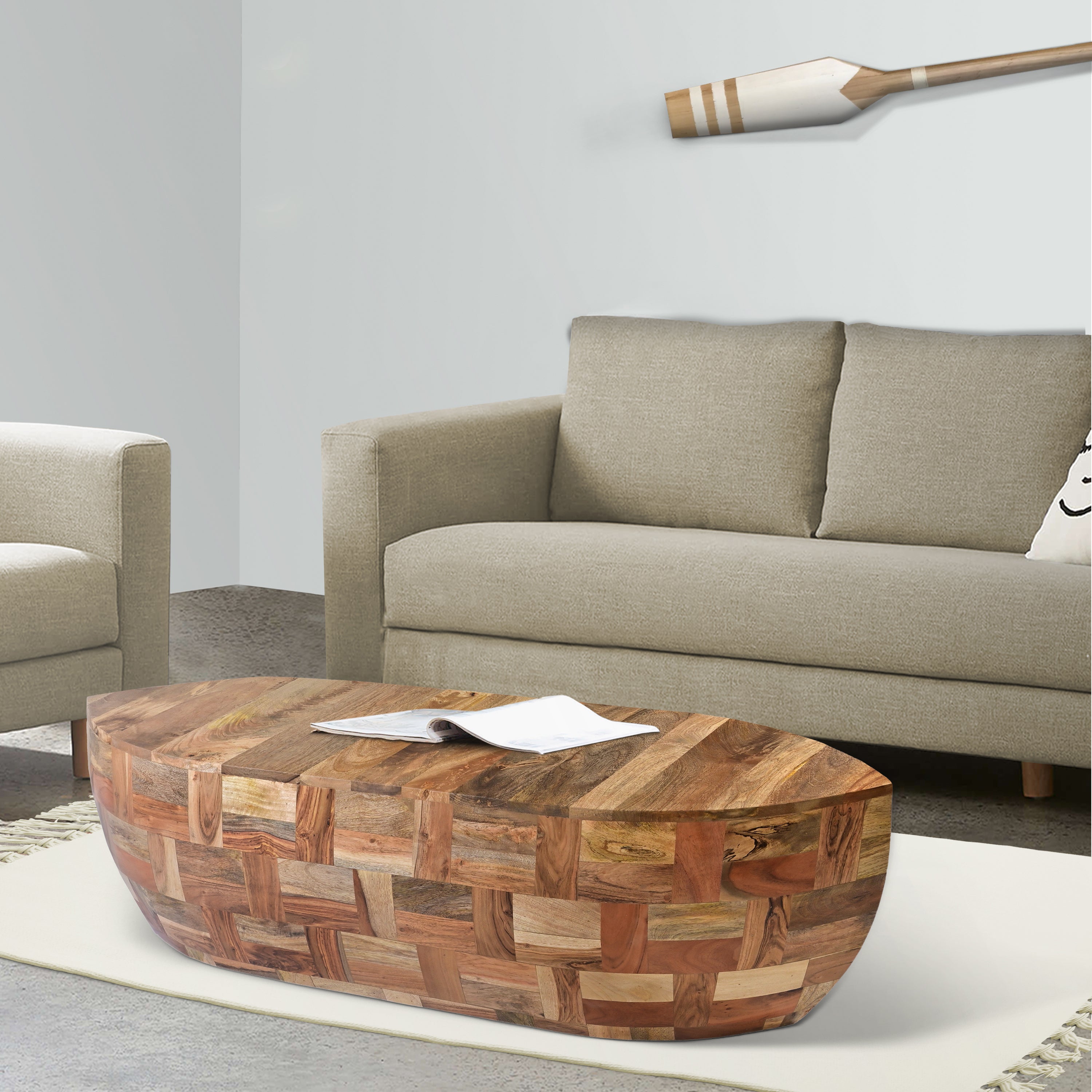 42 Inch Mango Wood Oval Canoe Shape Coffee Table - Weathered Brown