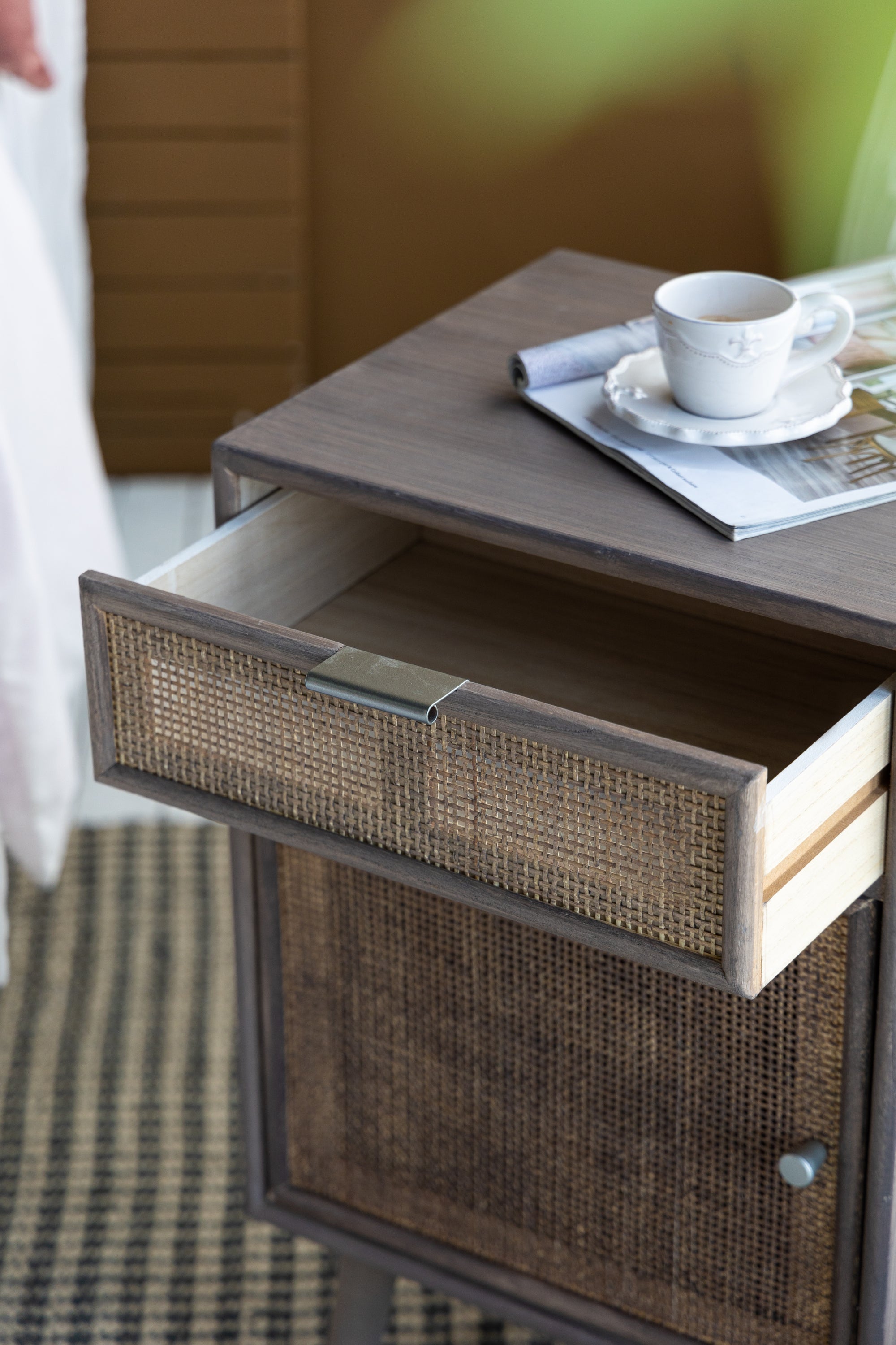 28"Tall Storage Cabinet with Grey Finished Surface Bohemian Handicraft Bedside Table with Drawer and Door
