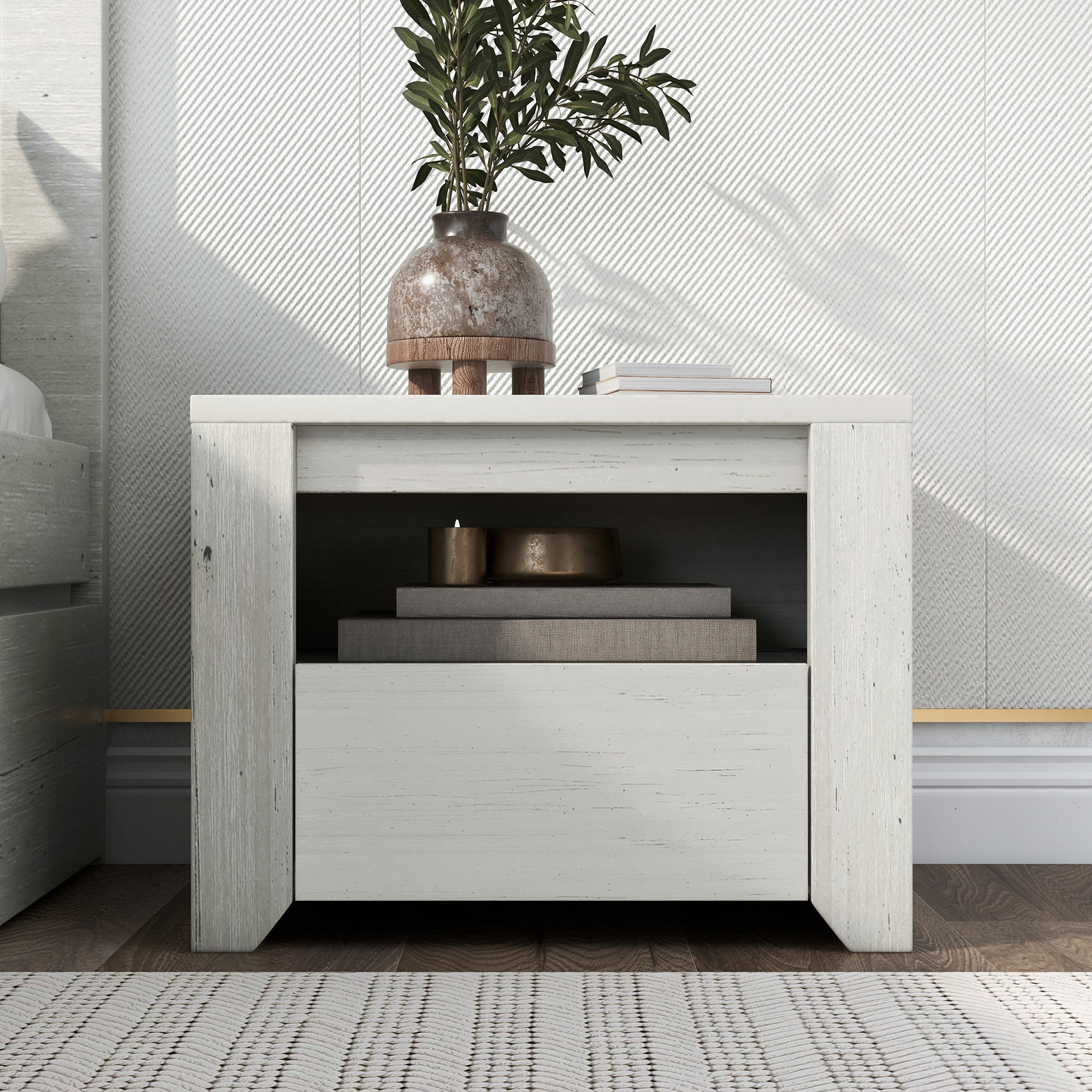 Wood Nightstand with Gray Wood Grain Sticker Surfaces One Drawer - Off White