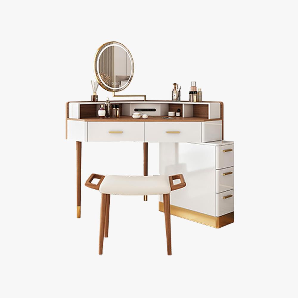 Modern Corner Makeup Vanity Table with LED Lighted Mirror, 5 Drawers, Stool