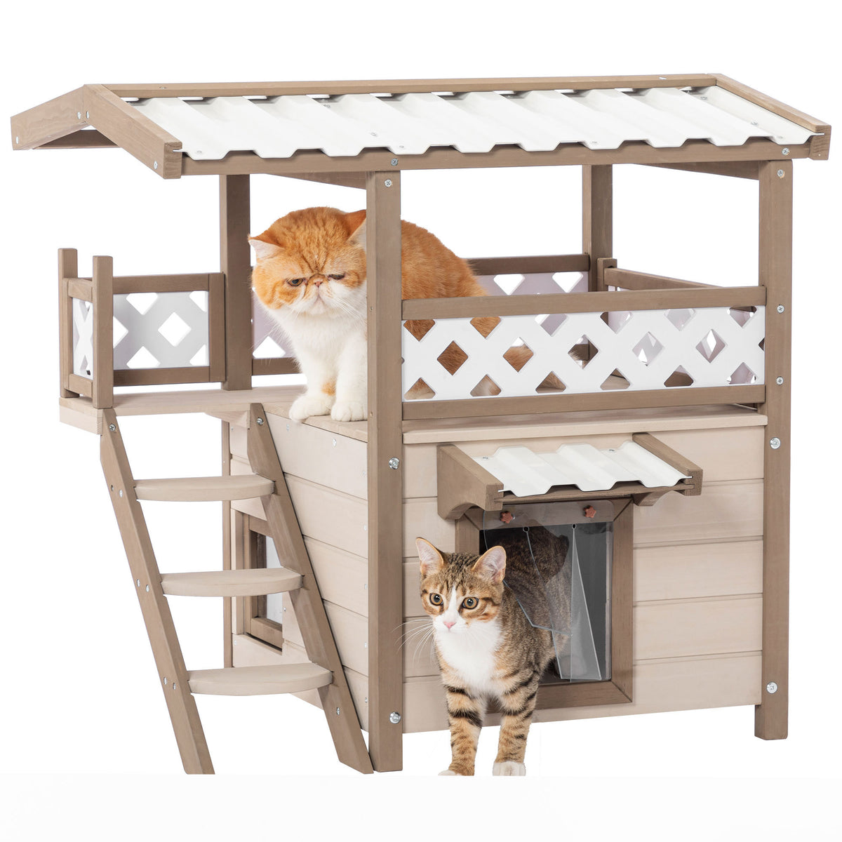 Cat House Outdoor Indoor with Durable PVC Roof, Escape Door, Curtain and Stair, 2 Story Design Perfect for Multi Cats