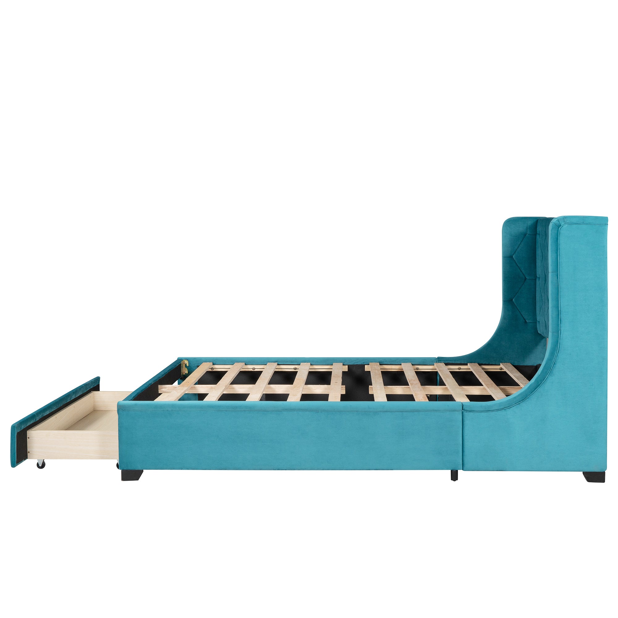Queen Size Storage Bed Velvet Upholstered Platform Bed with Wingback Headboard and a Big Drawer - Blue