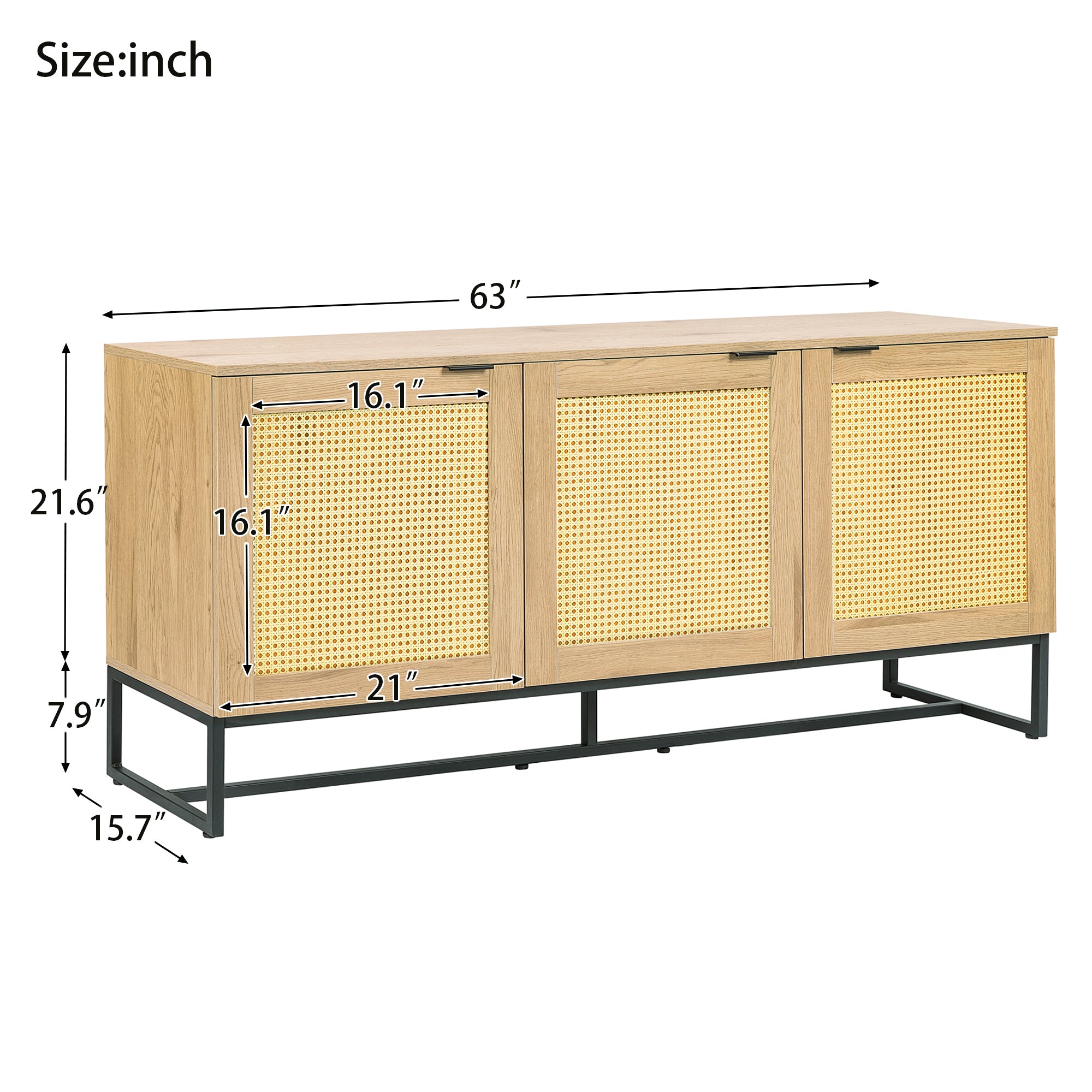 Wicker Sideboard Storage Cabinet 63 inch, with 3 doors - Natural color