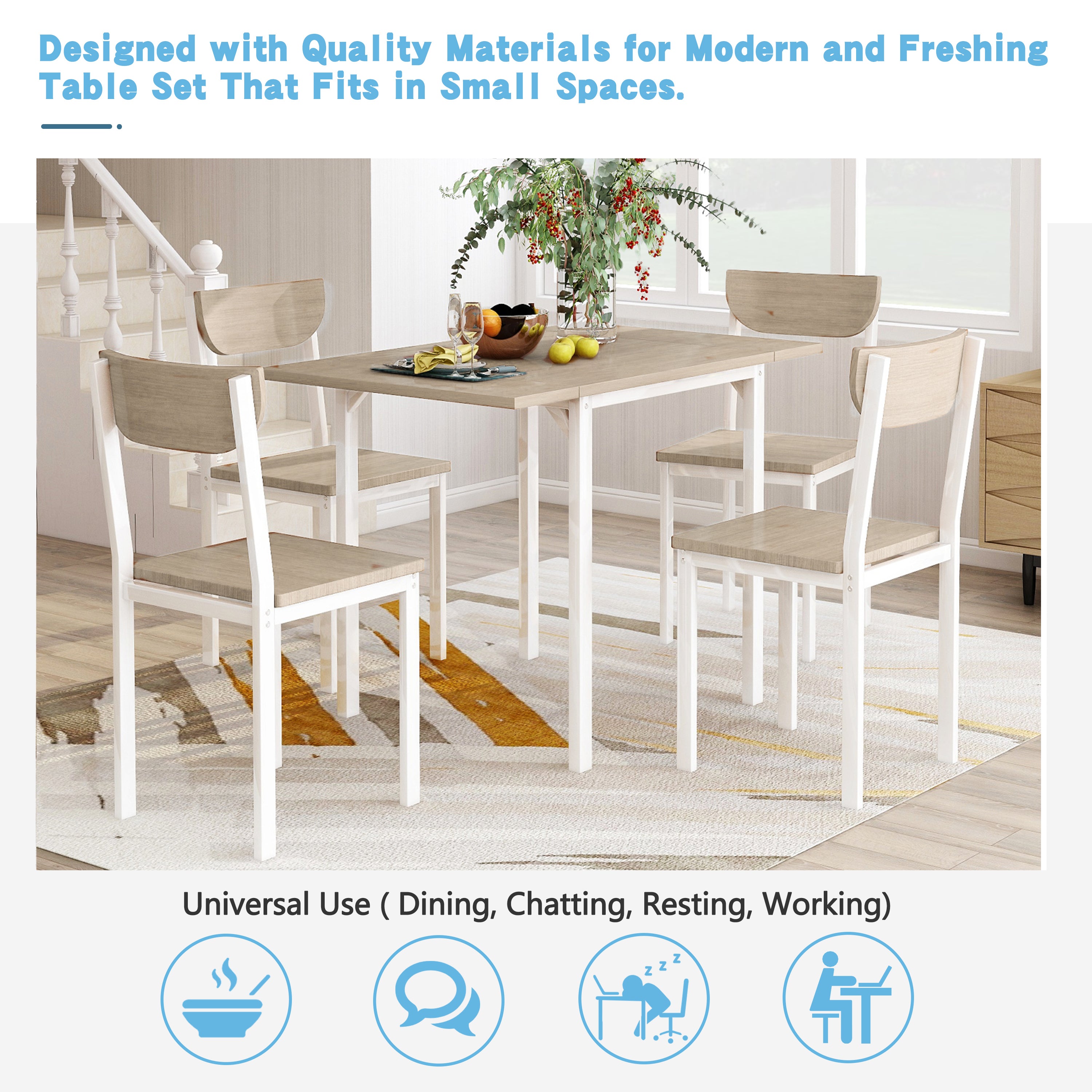 5-piece Modern Metal Dining Set with 1 Leaf Dining Table and 4 chairs - Oak Finish
